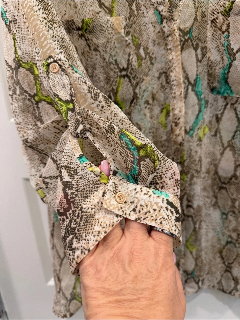 Covington Neutral Snake Print Blouse with Teal and Lime Accents